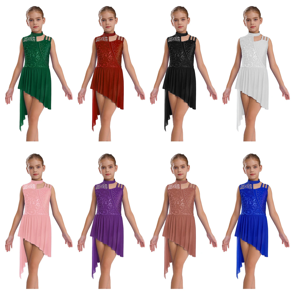 Kids Girls Ballet Lyrical Dance Dress Sleeveless Modern Contemporary Dancewear Floral Lace Rhinestones Gymnastics Leotard Dress