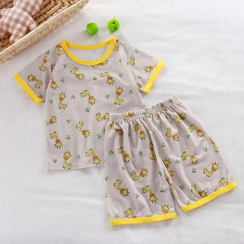 2024 New Boys Girls Summer Thin Clothing Sets Kids Cute Cartoon Print Short Sleeve T-Shirt Tops with Shorts Toddler Baby Pajamas