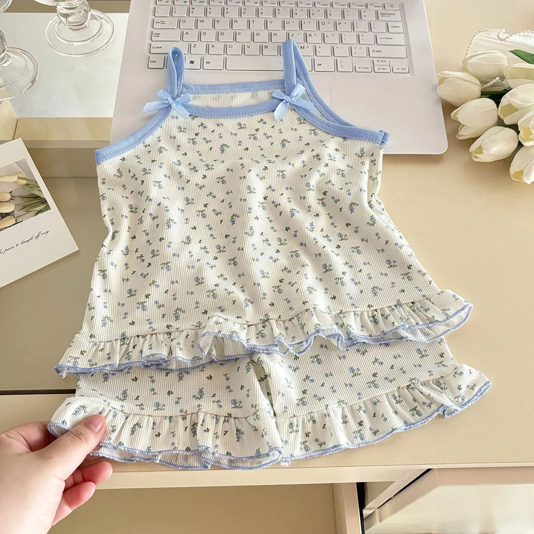 Ins Korean Style Toddler Girls Summer Pajama Set Sleeveless Bow Strap Design With Cartoon Floral Print Loose Casual Nightwear