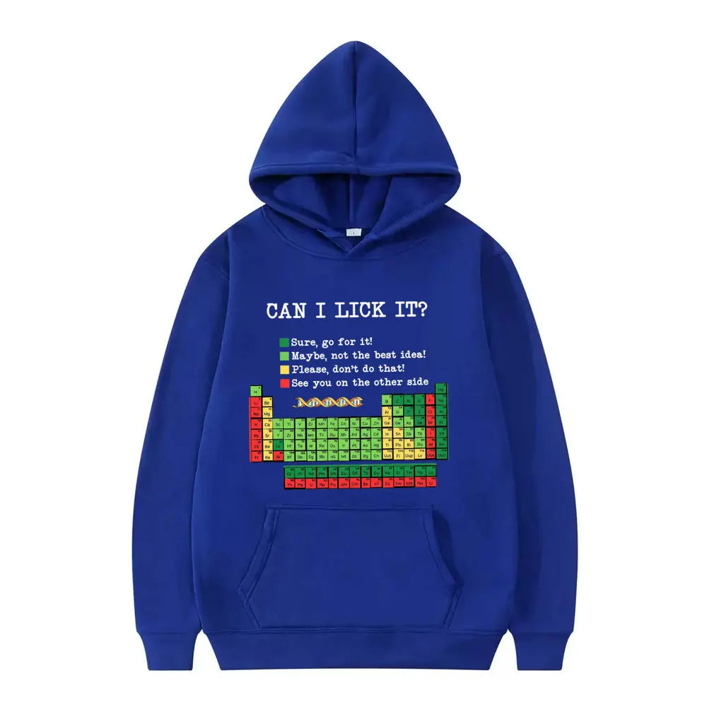 Funny Periodic Table“Can I Lick It? Chemistry Print Hoodie Men Women Casual Hoodies Long Sleeves Hip Hop Vintage Sweatshirts Top