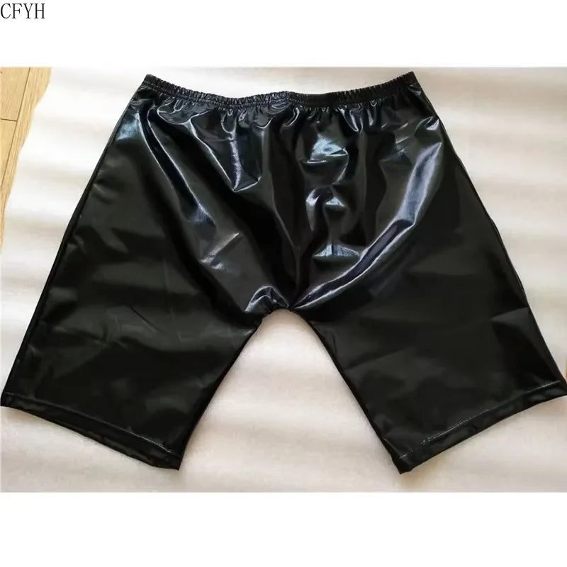 Men Fitness Sports Shorts Men Leather Black Running Training Pants Faux Leather Shorts Wet Look Slim Shorts Clubwear