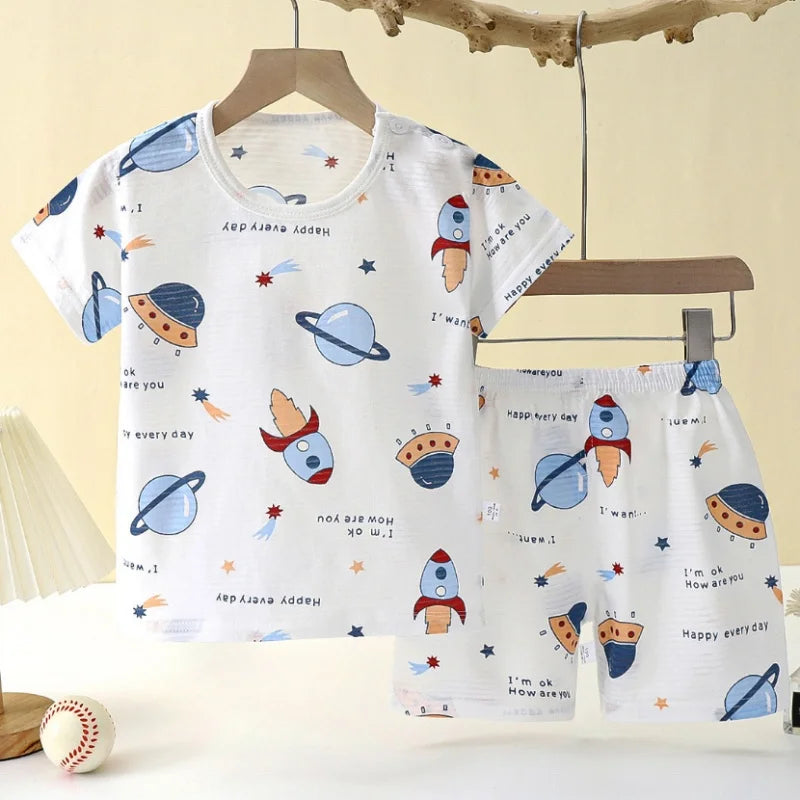 Pajama Cartoon T-Shirt+Shorts 2-Piece Clothing Set Kids Summer Baby Boys Girls Casual Tracksuit Clothes Suit 0-6 Years