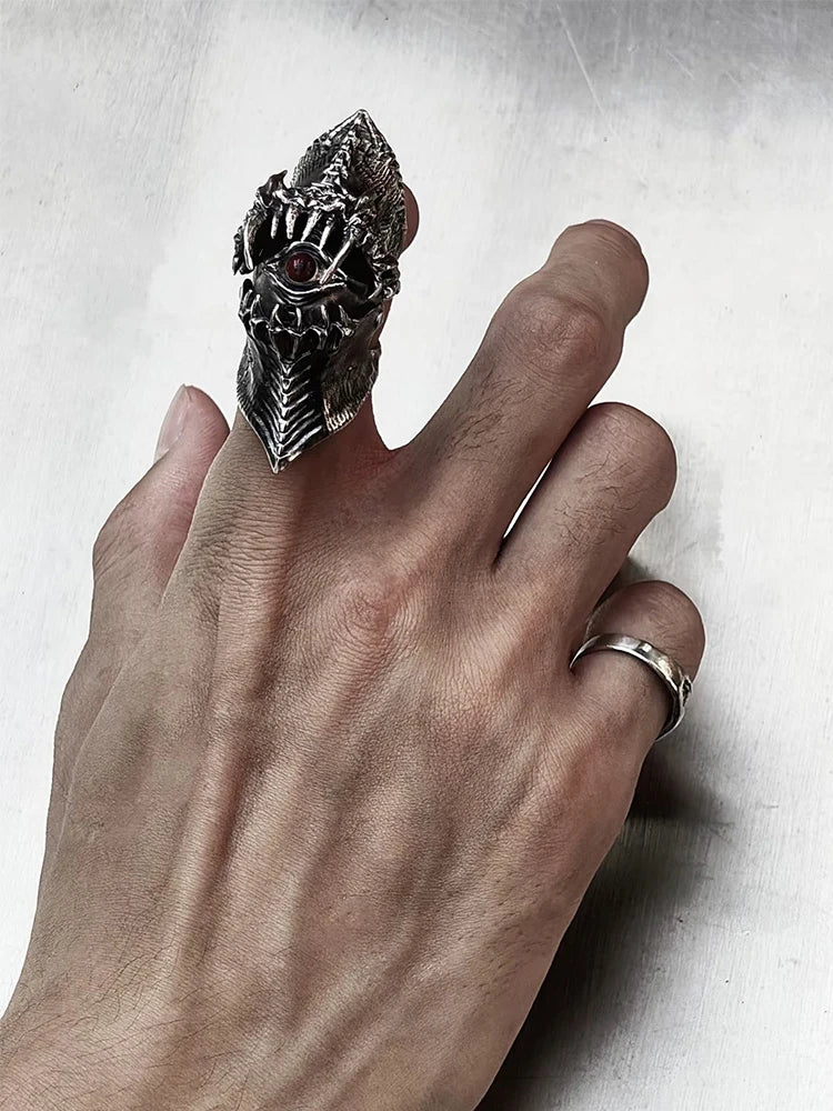 Jewelry Accessories Men Women Copper Material Demon Teeth Gothic Ring, Bold Statement Armor Style, Red Stone Eye, Textured Surfa