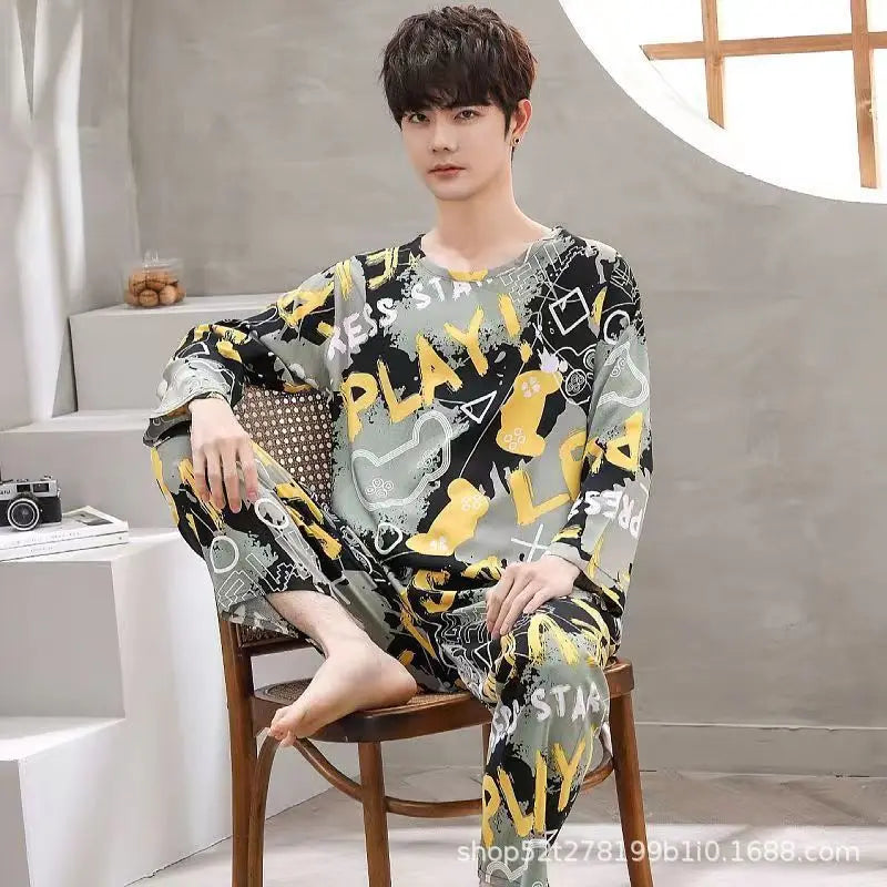 New Men's Spring And Autumn Striped Leisure Pajamas Sets Boys Long-Sleeved Home Wear Teenagers Outside The Home Wear Suit