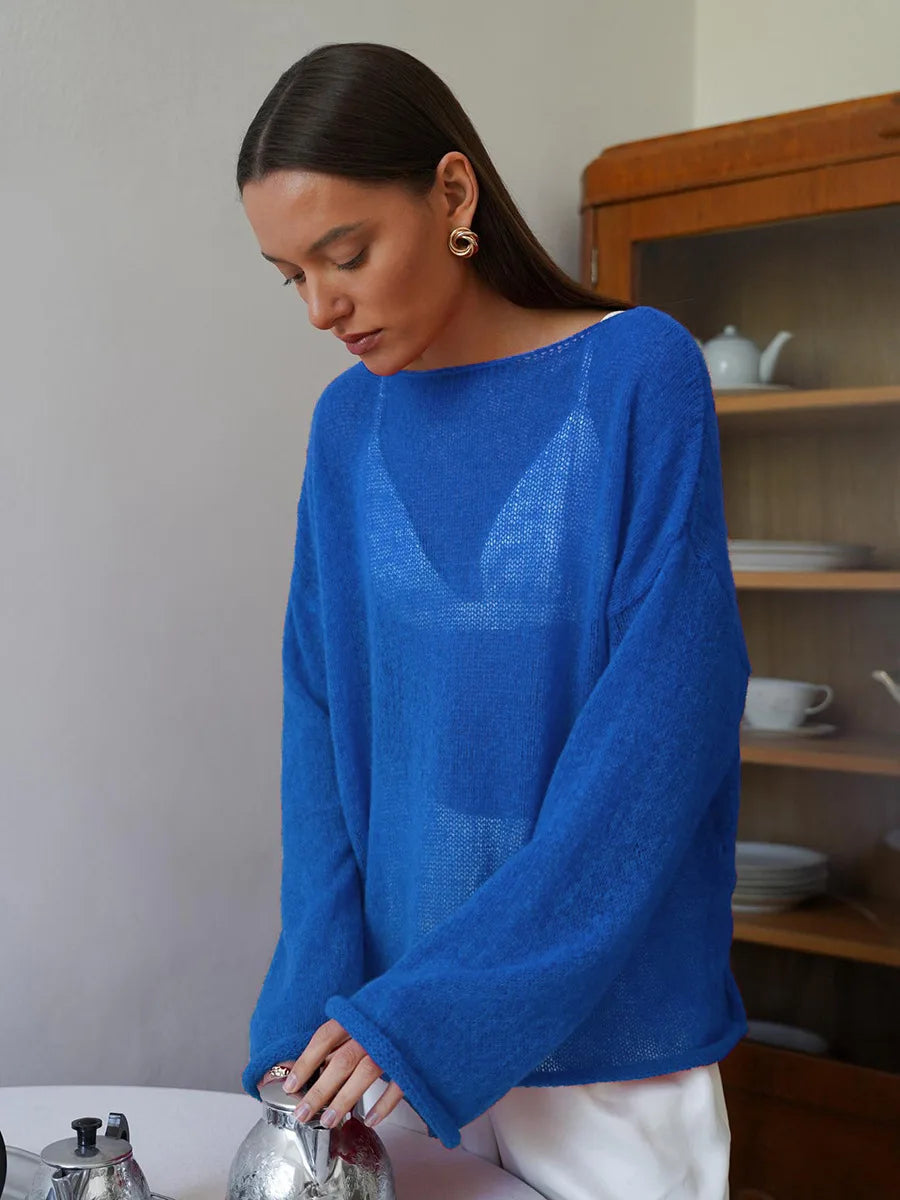 Spring Summer Hollow Knitted Oversized Sweater T Shirt Round Neck Long Sleeves Tops Loose Elegant Pullover for Women Clothing