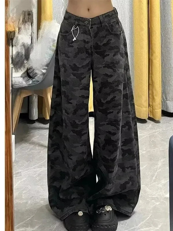 American Sle Camouflage Workwear Jeans Women's Spring Summer New plus Size Fat MM High Waist Loose Slim Straight Leg Pants