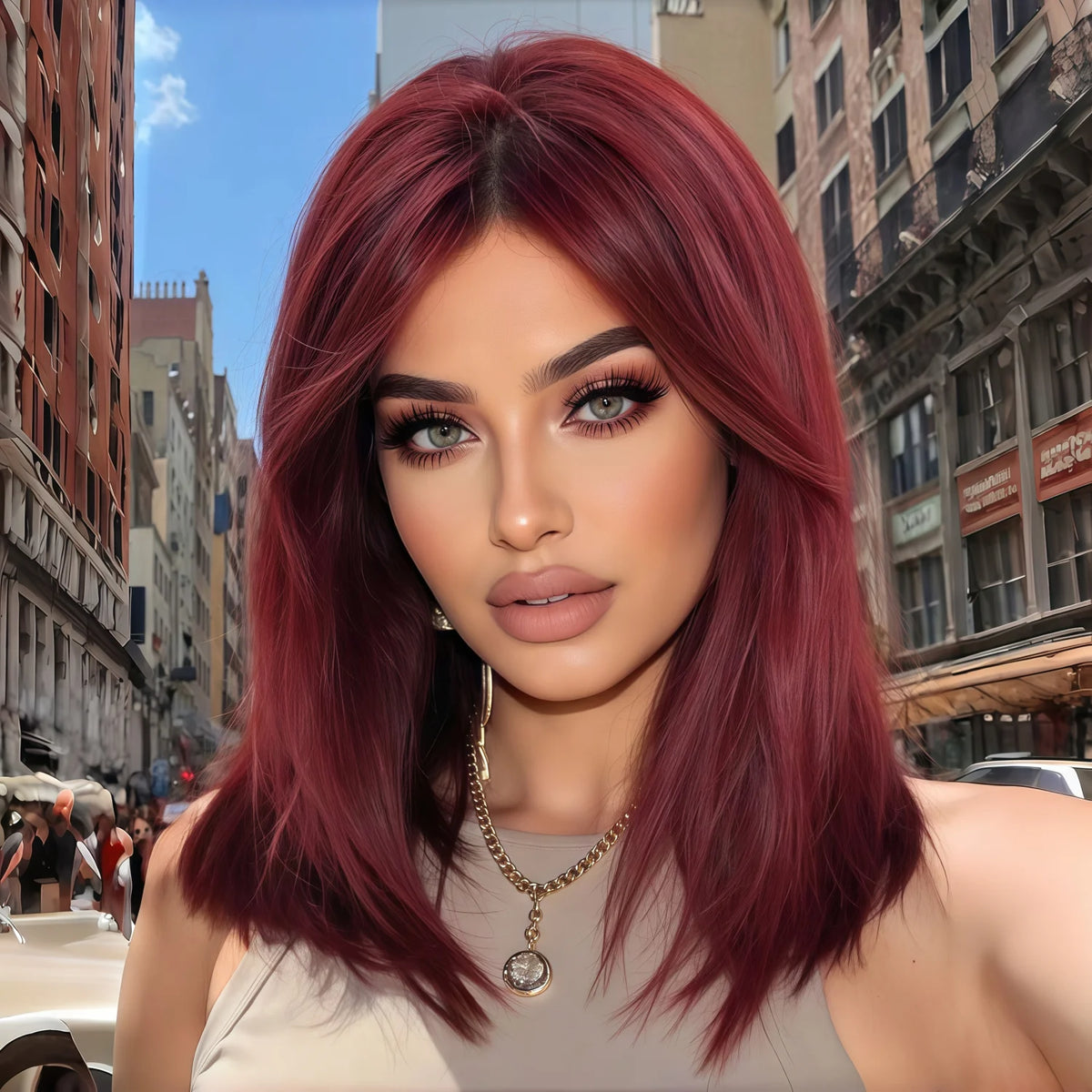 Stylish Wine-Red Layered Wig with Bangs, Suitable for Women. Soft and Easy to Manage, This Wine-Red Synthetic Wig