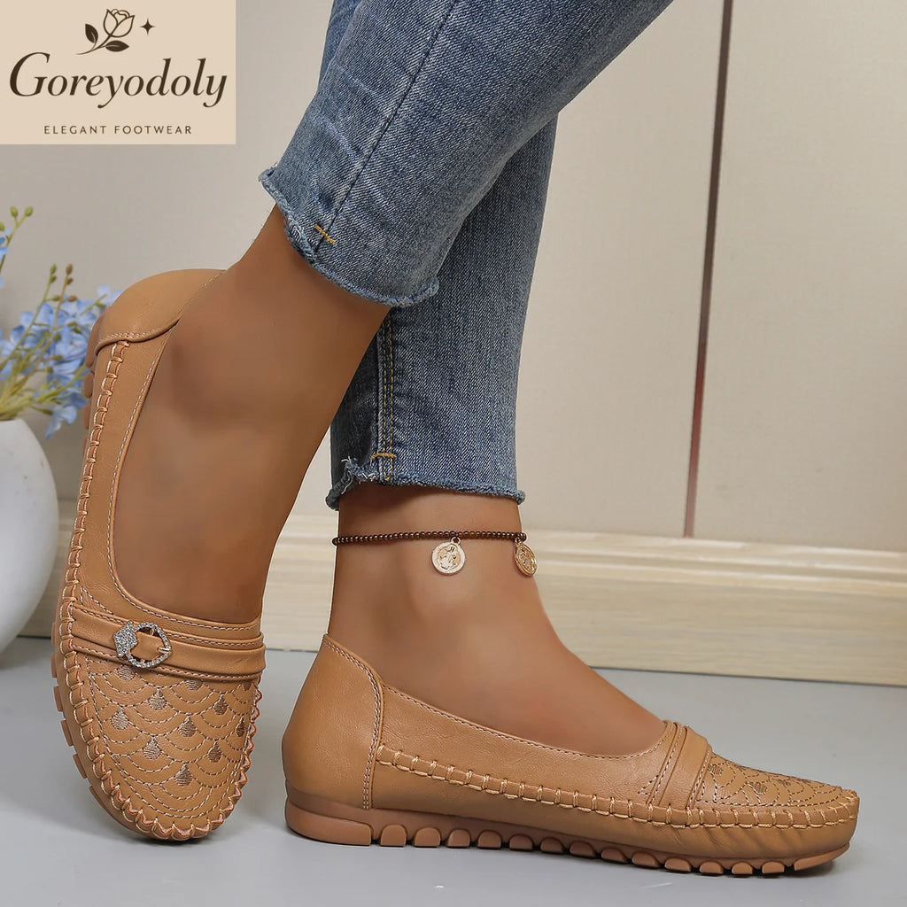 goreyodoly Women Comfortable Slip-On Loafers, Lightweight Breathable Wide Fit Flats with Embroidery & Rhinestone Buckle