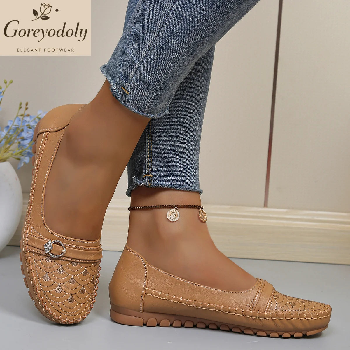 goreyodoly Women Comfortable Slip-On Loafers, Lightweight Breathable Wide Fit Flats with Embroidery & Rhinestone Buckle