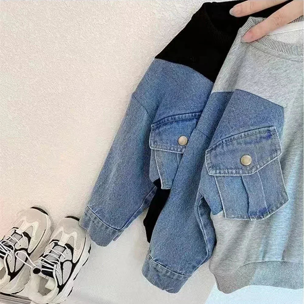 Boys Denim Sweatshirt Kids Stitching Sleeved Loose Sweater Casual Hoodies 2025 Spring Autumn Children's Street Style Clothing
