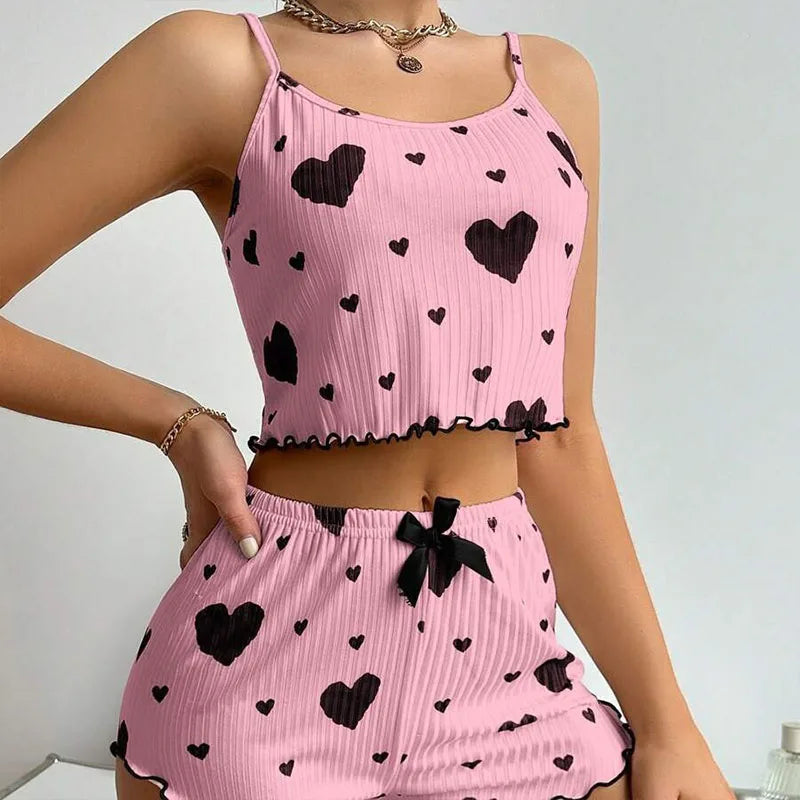 Teen girl Pajamas Set Sleepwear 2 PCS Short Tank Tops And Shorts S M L White Ventilate Soft Casual Love Printing