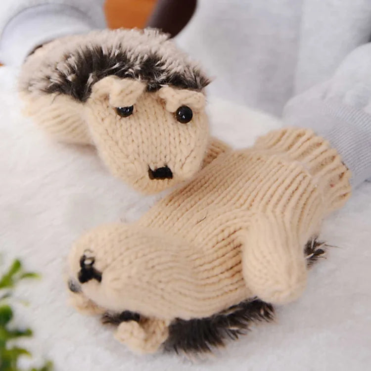 Women's All Finger Cartoon Hedgehog Gloves Cute Girls' Winter Knitted Gloves
