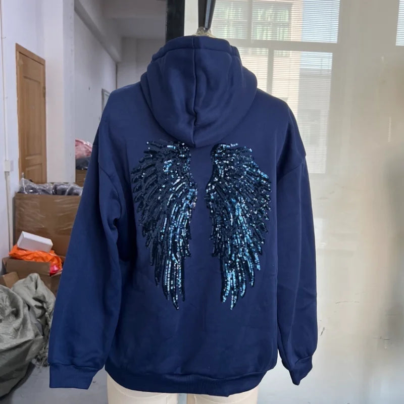 2025 Fashion Whiter Wing Glitter Patchwork Hoodies Women Casual Full Sleeve Lace Up Pocket Top Autumn Winter High Street Outfits
