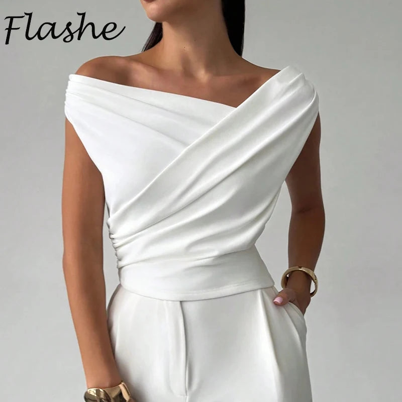 Fashion Simple Office Tops Female Slash Neck Sleeveless T-shirts For Women Elegant Summer Women Shirt White Black