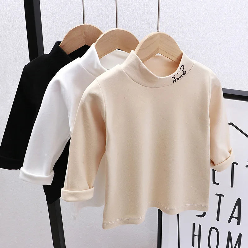Children Clothing Girls Long Sleeve T-Shirt Soft Fabric Half-High Collar and Puff Sleeves Perfect for Play and School T-Shirts