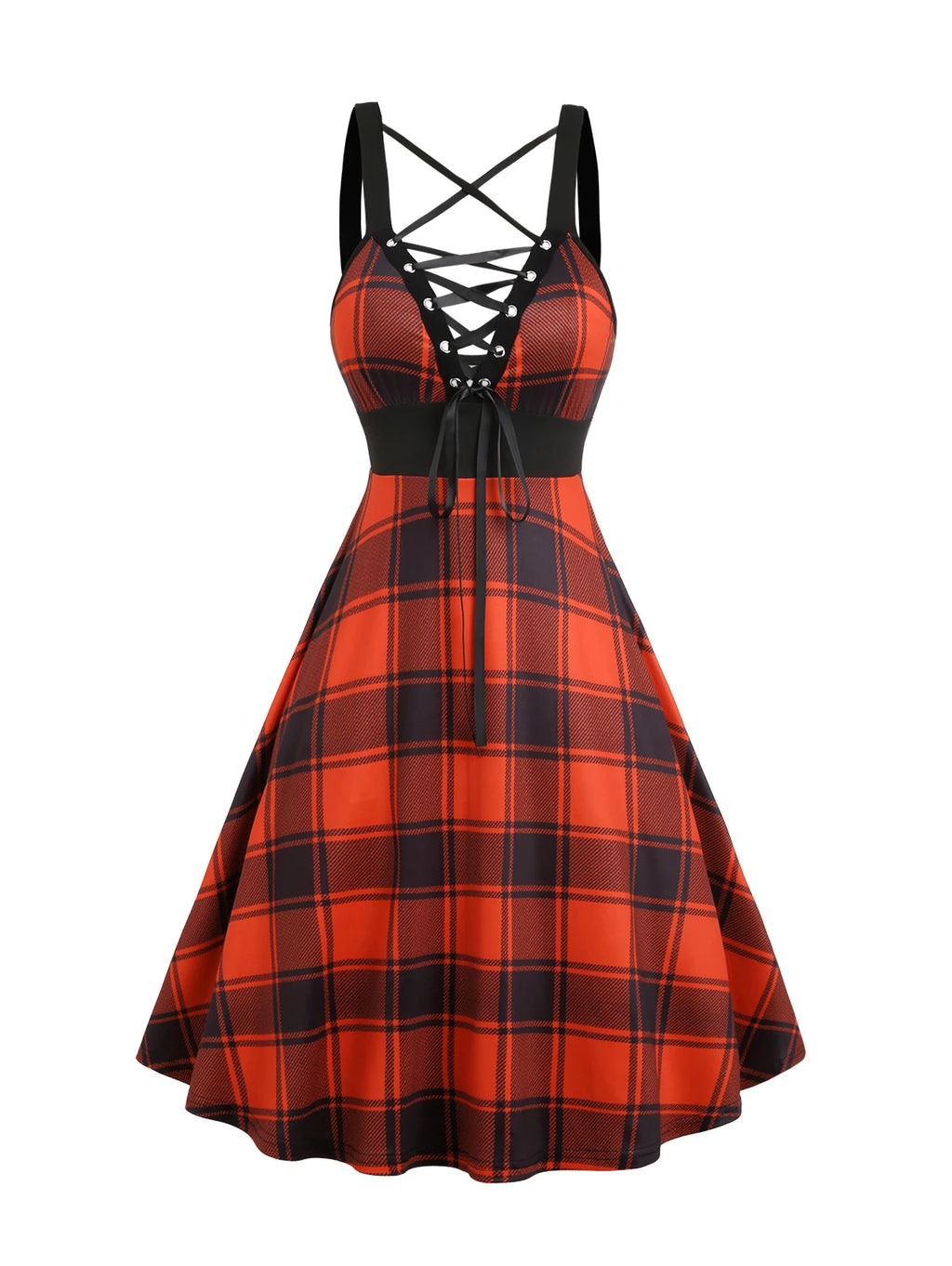 Dressfo 2024 Womens Dresses Plaid Print Lace Up Sleeveless Cami Dress High Waist Spaghetti Strap Summer Dress