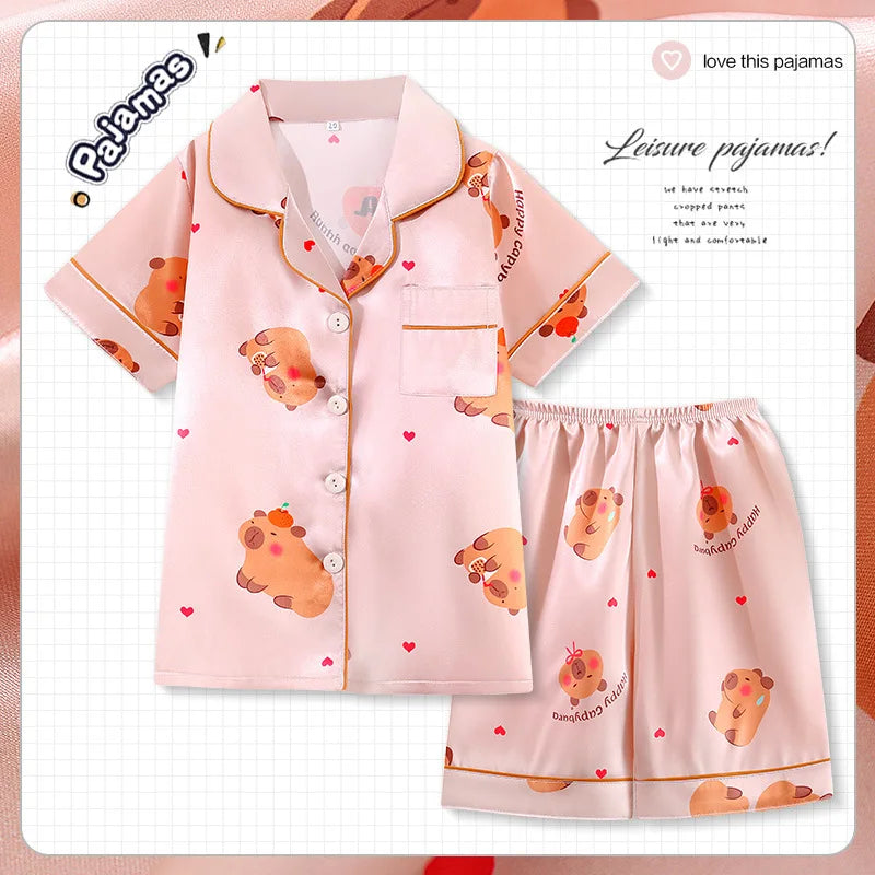 Anime 2Pcs Pikachu Boys Children Pajama Set Cartoon Girls Summer Thin Version Ice Silk Lapel Short Sleeve T-Shirt Shorts Pijamas