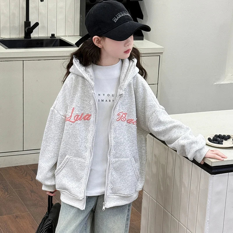Kids Winter Warm Hooded Jacket Coat With Lace For Girls Zipper Insulated Sweatshirt Jacket Outfit Child Fleece Lined Outerwear