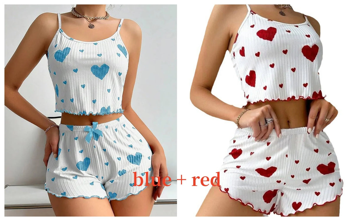 Teen girl Pajamas Set Sleepwear 2 PCS Short Tank Tops And Shorts S M L White Ventilate Soft Casual Love Printing