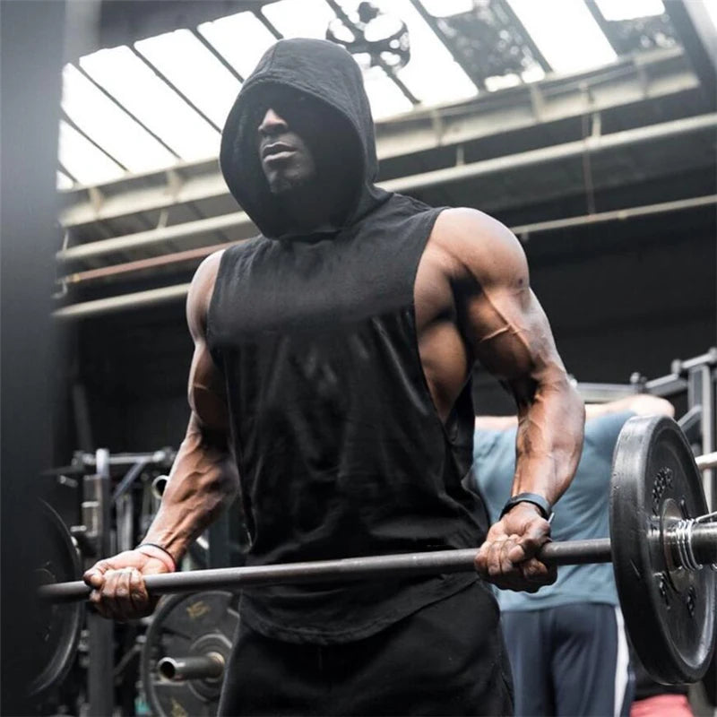 Plain Men's Gym Tank TopSinglets Bodybuilding Stringer Muscle Vest Hoodies Fitness Sleeveless Hooded T Shirt Cut Off Sports