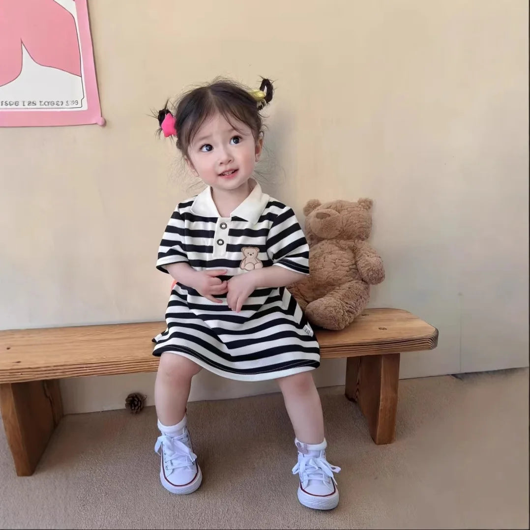 2025 New Children's Dress Girls' Summer Korean Edition Fashion Casual Striped Collar Short sleeved Dress1-10Y