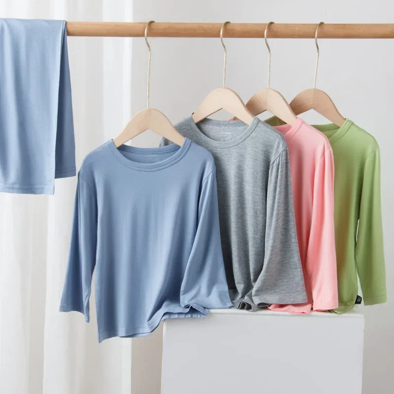 Pajamas Set for Kids Spring Summer Thin Long Sleeve Casual O-neck Children Sleepwear Two Pieces Modal Cotton Boys Girls Homewear