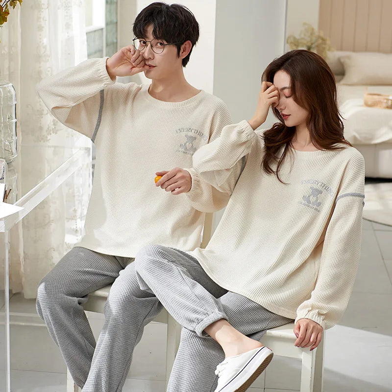 Cartoon Cute Pajamas Set For Women Men Cotton Couples Homewear Autumn Spring Long Sleep Tops Pant Nightwear Mujer hombre
