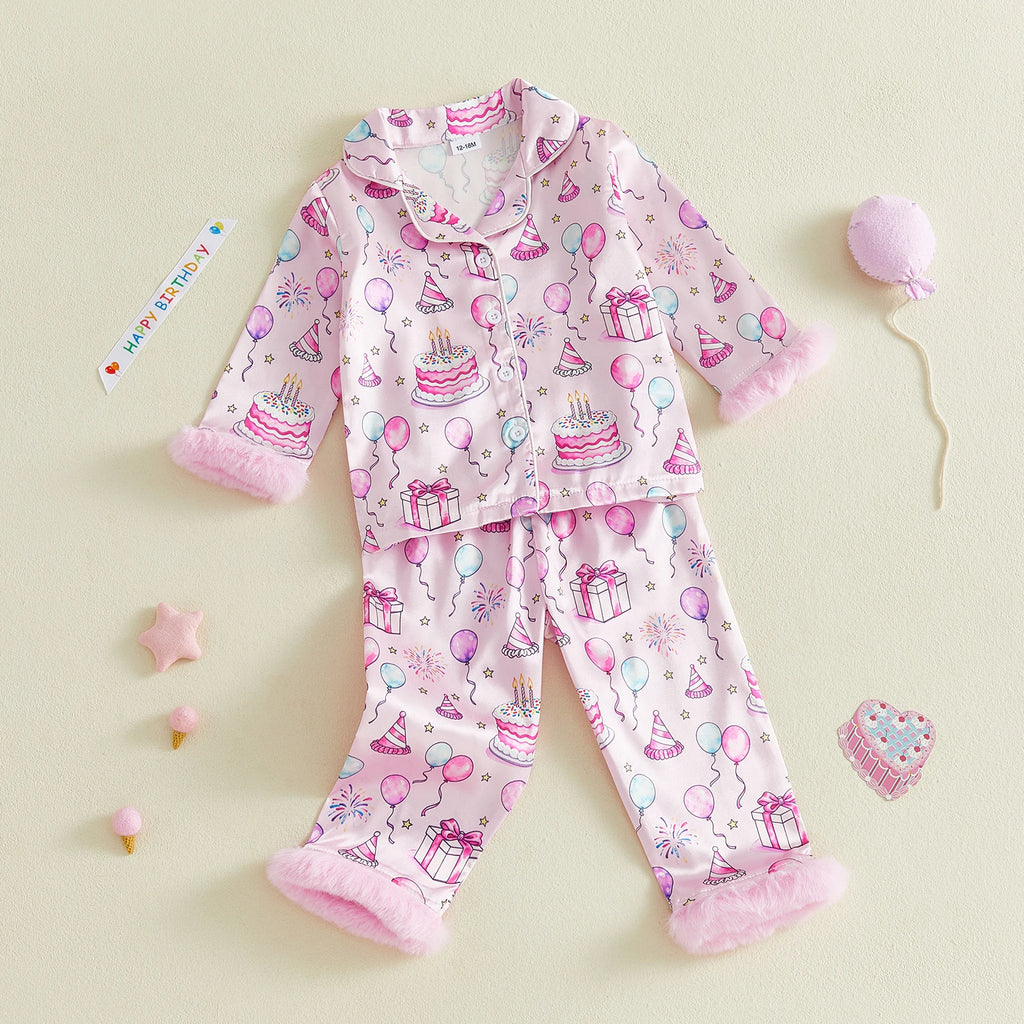 Birthday Toddler Baby Girls Pajama Sets Spring Loungewear Long Sleeve Lapel Button Cake Balloon Print Shirt Pant Sleepwear