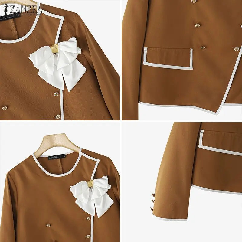 ZANZEA Elegant Blazer Autumn Double Breasted Long Sleeve Coats Women Fashion Bow Office Outerwear 2025 Casual Street Jackerts