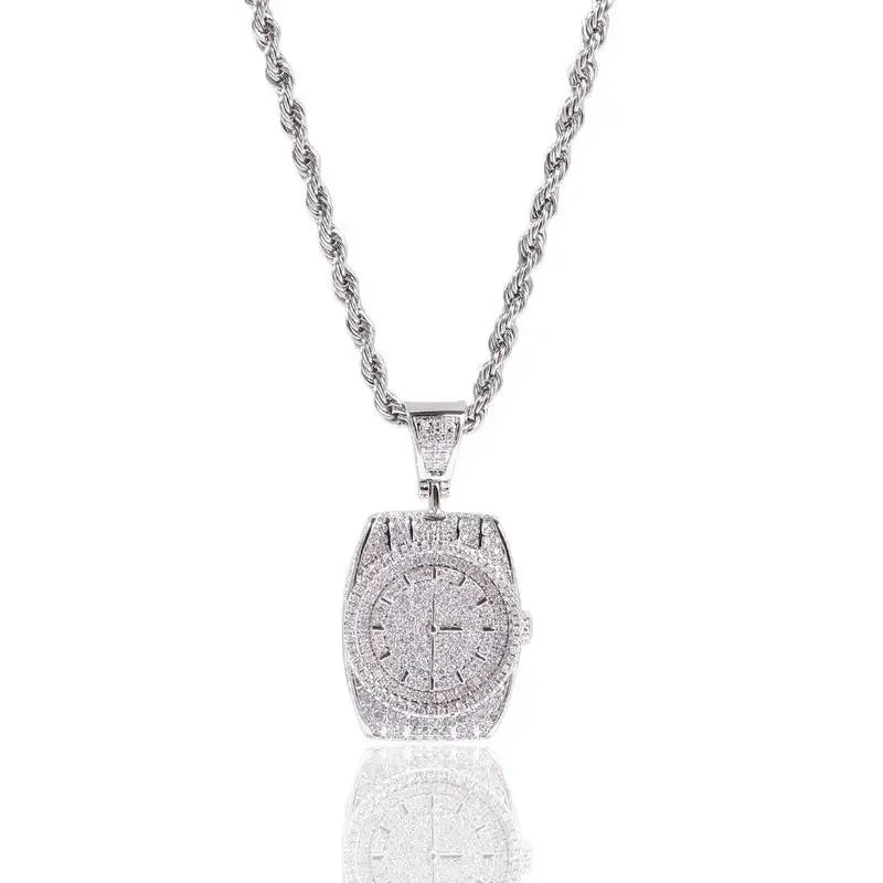 Exquisite Zircon Watch Shape Pendant Necklace Men and Women Trend Hip-Hop Rock Party Jewelry Gift Accessories