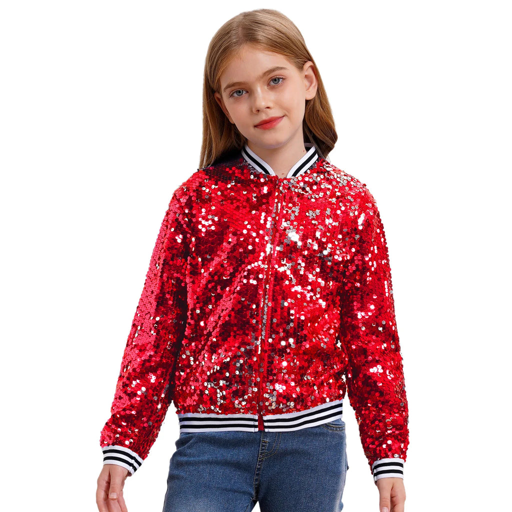Kids Girls Sequin Jackets 6-16 Children Baseball Coat Outerwear Disco Performance Jazz Dance Costume Party Fashion Streetwear