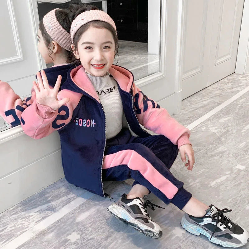 2026 Winter Autumn Girls Tracksuit Toddler Teenager Cloth Striped Velvet Jacket Hooded + Letters Pant Children Kids 8 10 12 Year