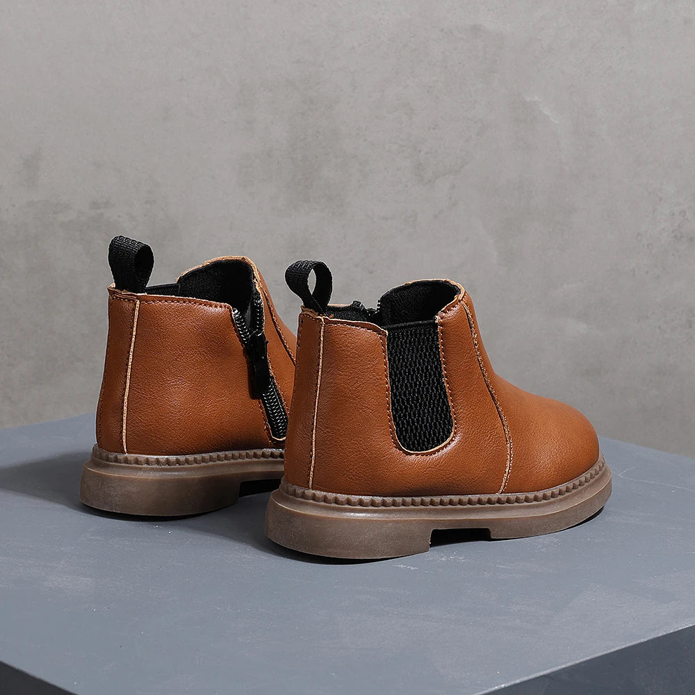 COMFY KIDS Toddler Brown Leather Chelsea Ankle Boots, Soft Cushioned Non-Slip Rubber Sole Boys Girls Zipper Short Boots, Autumn