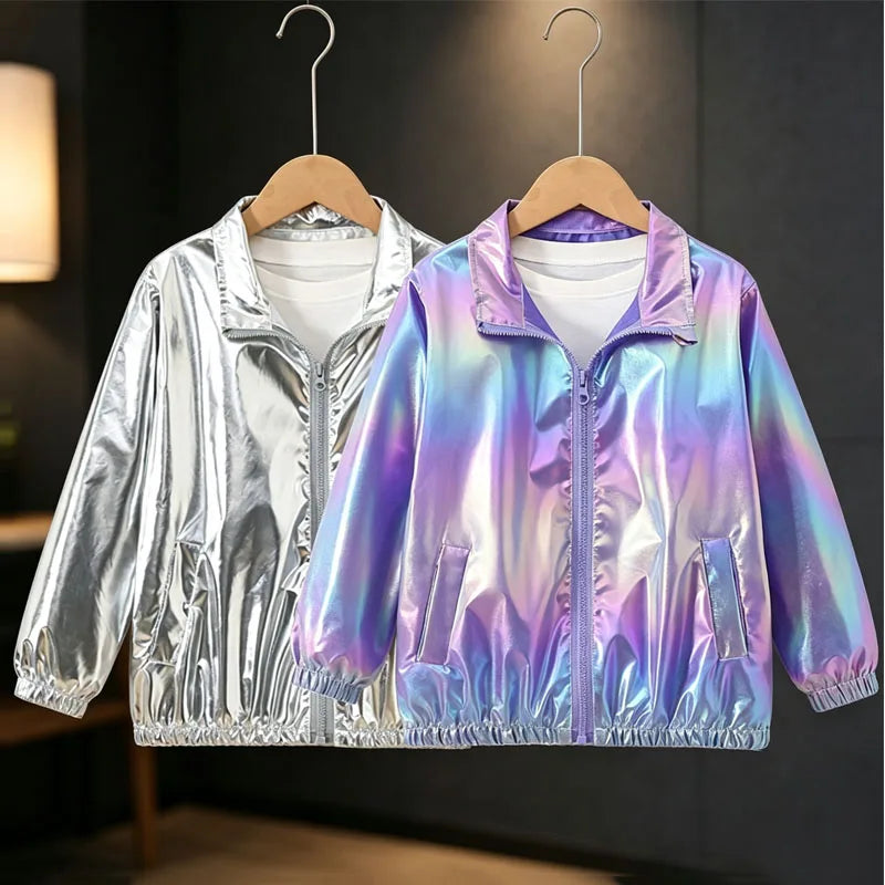 Boys Girls Autumn Jackets Kids Spring Style Colorful Glossy Coats Zipper Lapel Waterproof Outerwear Children Casual Clothes