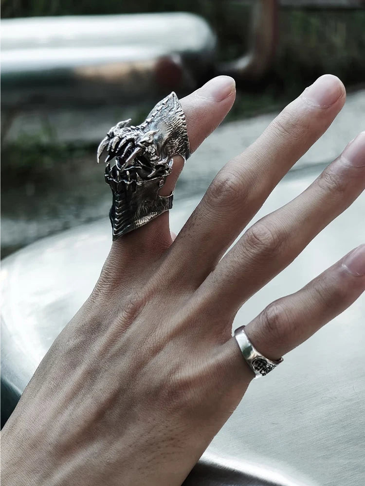 Jewelry Accessories Men Women Copper Material Demon Teeth Gothic Ring, Bold Statement Armor Style, Red Stone Eye, Textured Surfa
