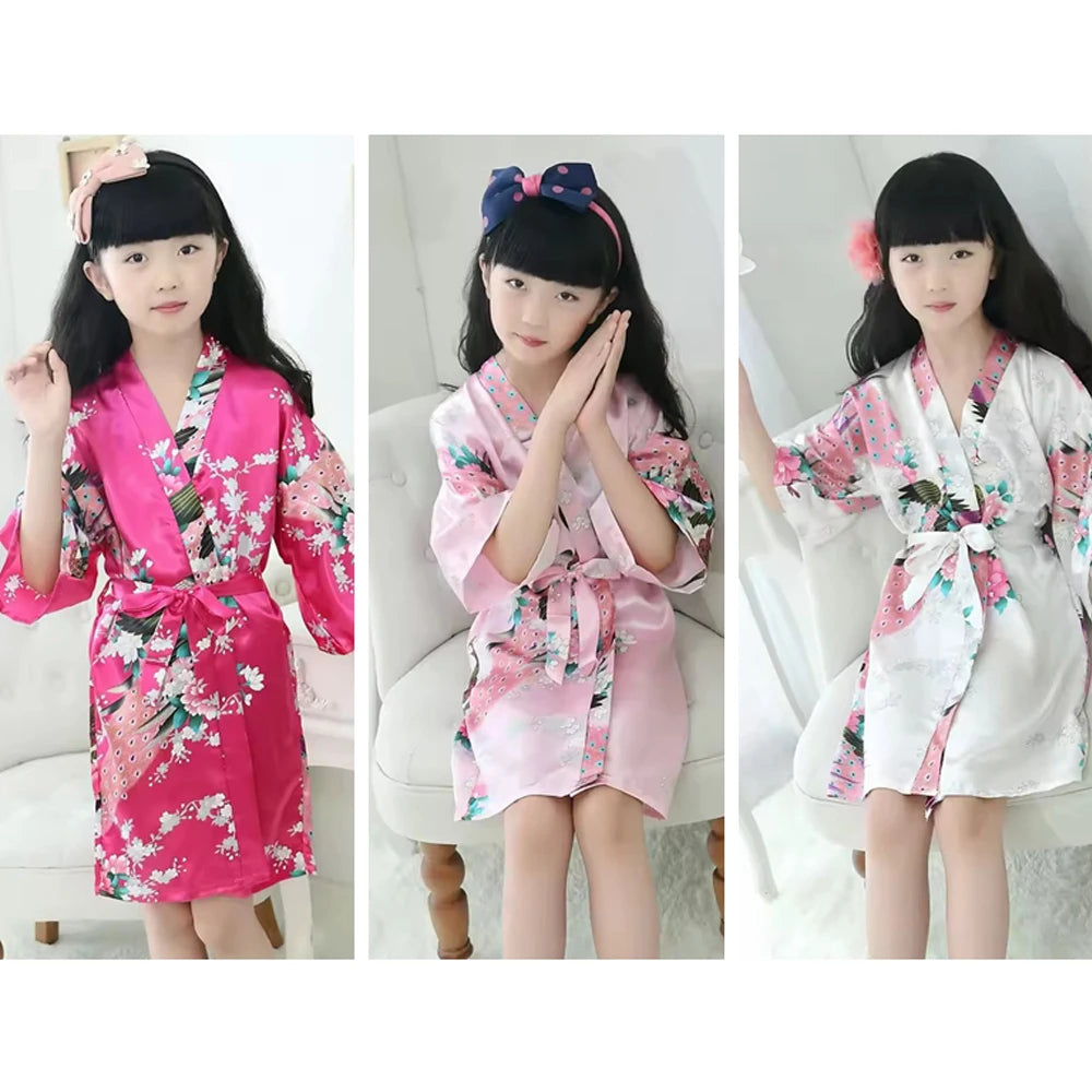 Kids Satin Floral Kimono Robe Flower Girl Peacock Bath Robes for Wedding Spa Party Gifts Bridal Lingerie Sleepwear Bathrobe