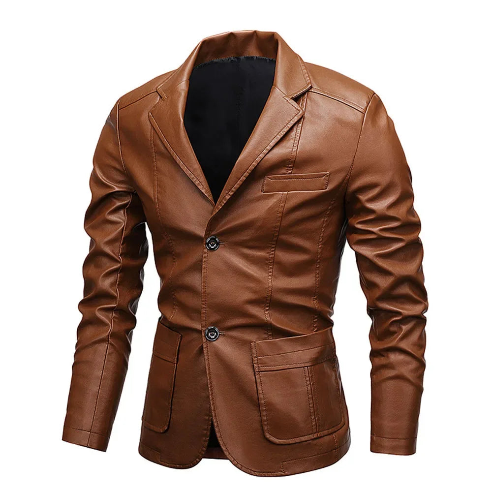 Men's Vintage Washed Leather Jacket Single Breasted Leather Blazer Coat Motorcycle Style Biker Jacket Casual Business Outerwear