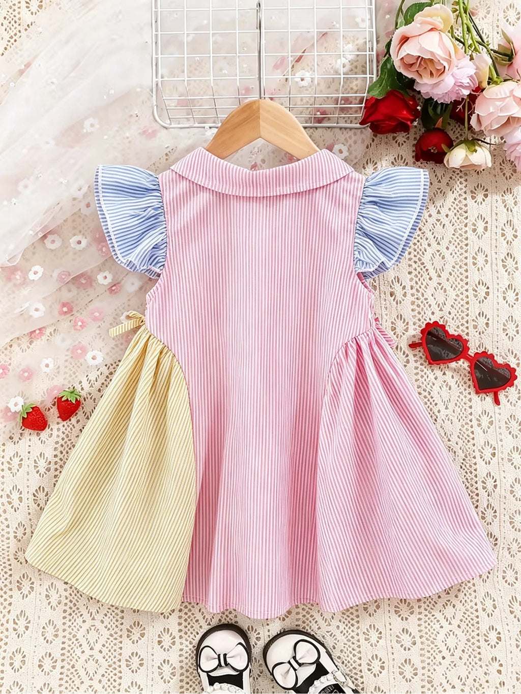 Children's Striped Color-Block Dress Baby Collar Sleeveless Ruffle Edge Single-Breasted Knee-Length Clothing for Kids