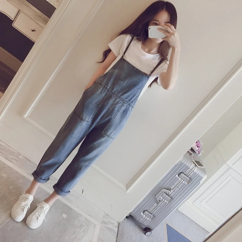 Summer Thin Denim Overalls Women's Loose High Waist Multi Pocket Worn out Washed Light Blue Nine Points Overalls Spring Autumn