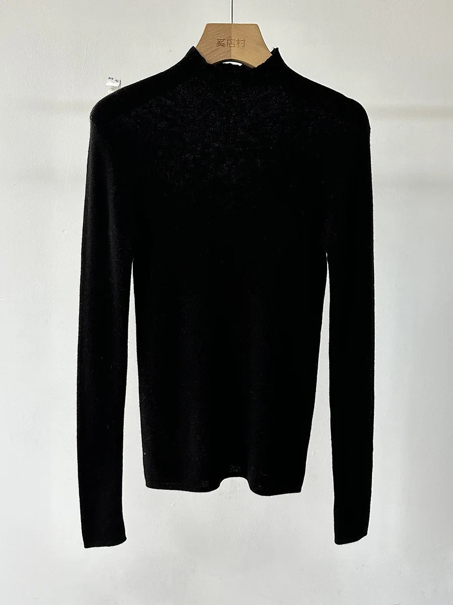 BirdTree, 100% Wool Slim Thin Sweater, Women Long Sleeve Mock Neck, Seamless Bottom High Elastic Top, 2025 Winter Fall T46985QM