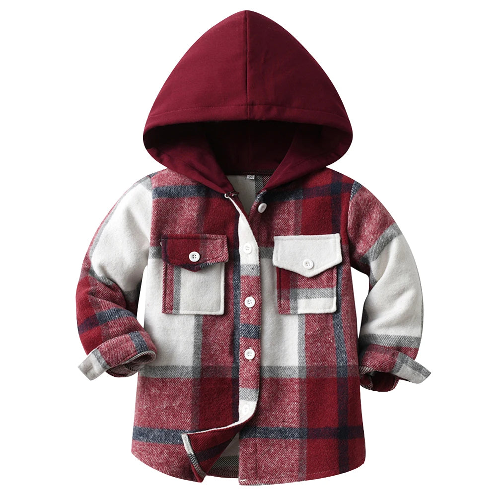 Hoodie Boys Plaid Shirt,Long Sleeve Kids Transition Jacket,Checkered Single Breasted Blouse,Spring Outerwear,Girls Lattice Tops