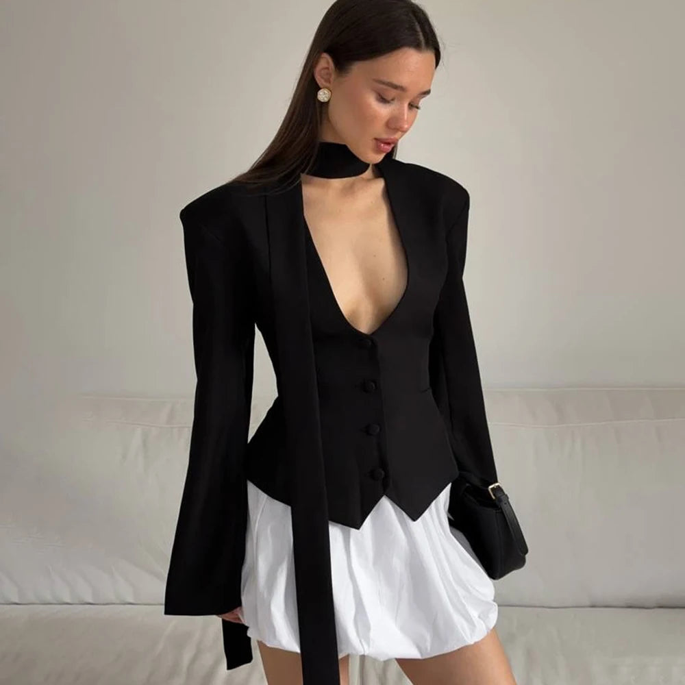 Talenza Female Fashion Blazer New Solid V-Neck Scarf Ribbon Long Sleeve Slim Blazer Elegant Luxury Chic Party Women Blazer Coats