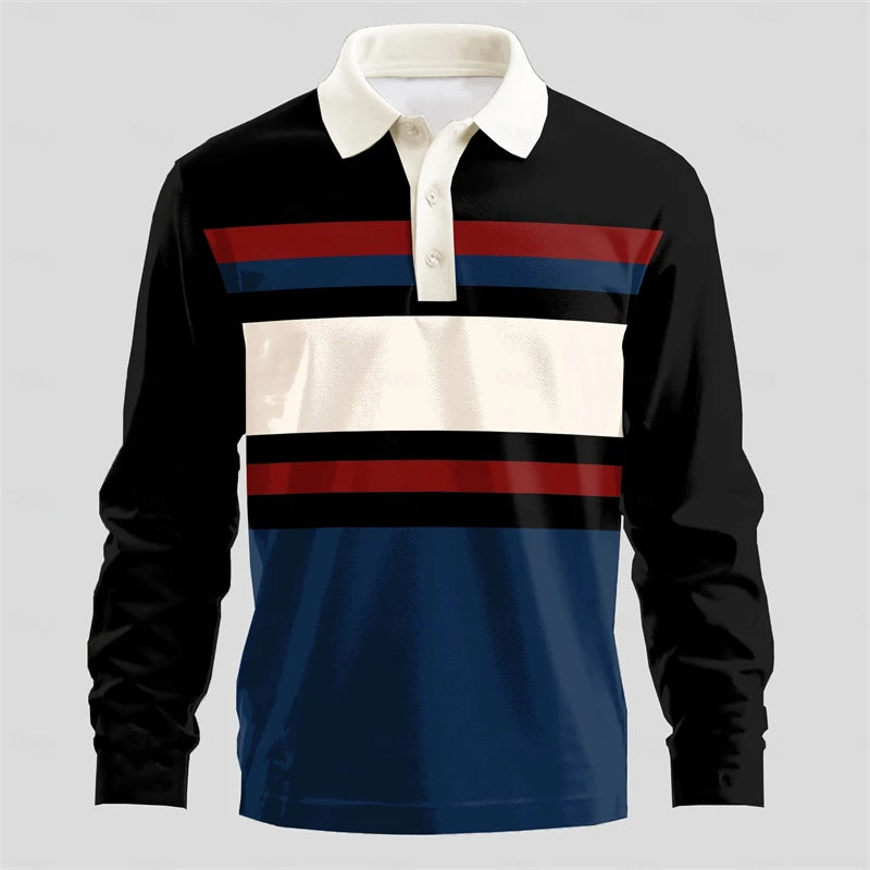 Simple Striped Long Sleeve Polo Shirts For Men Fashion Daily Wear 3D Printed Golf Polo Shirt Casual Oversized Lapel Button Tops