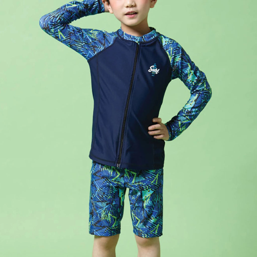 Children Boys Sunscreen Swimsuit Swimwear Long Sleeve Zipper Top with Shorts Hat Rash Guard Wetsuit Beach Pool Bathing Suit