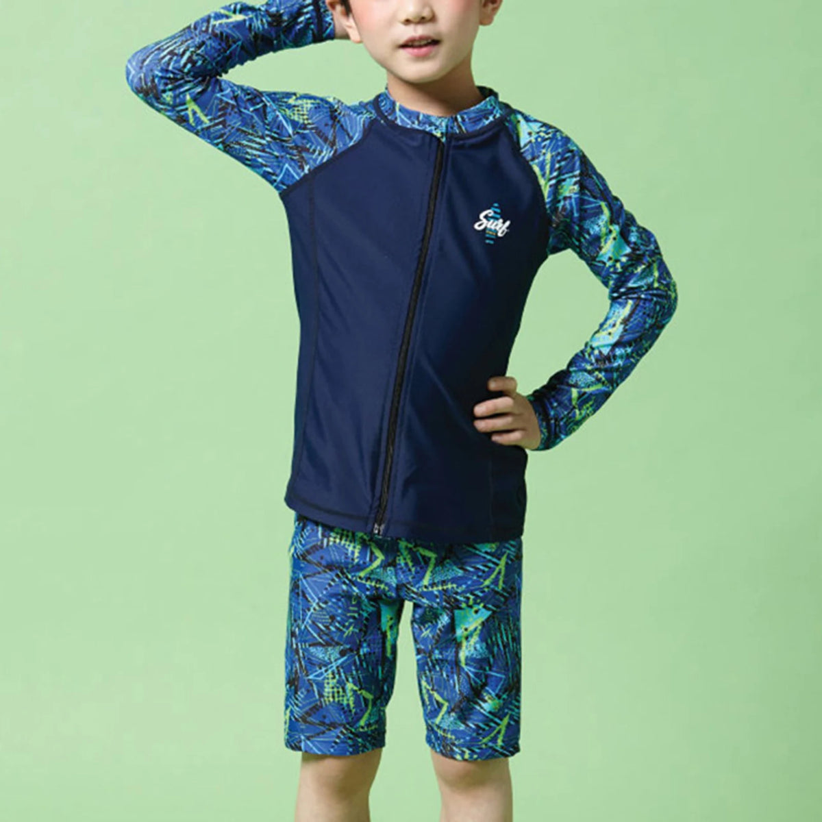 Children Boys Sunscreen Swimsuit Swimwear Long Sleeve Zipper Top with Shorts Hat Rash Guard Wetsuit Beach Pool Bathing Suit