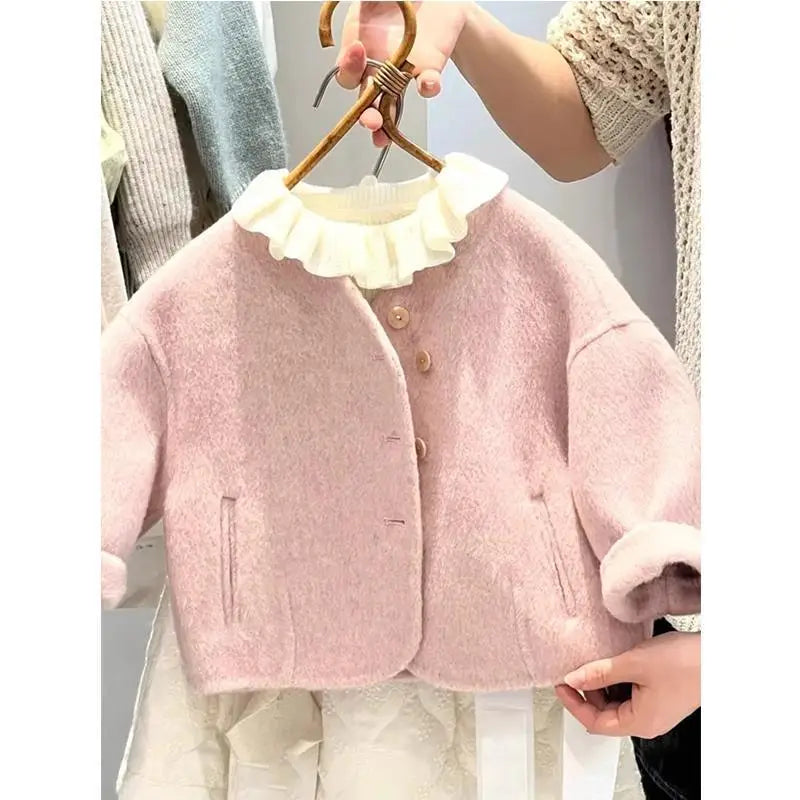 Girls Autumn Winter Coat New Pink Woolen Jacket Kids Thick Warm Outerwear Stylish Baby Clothes Children Clothing