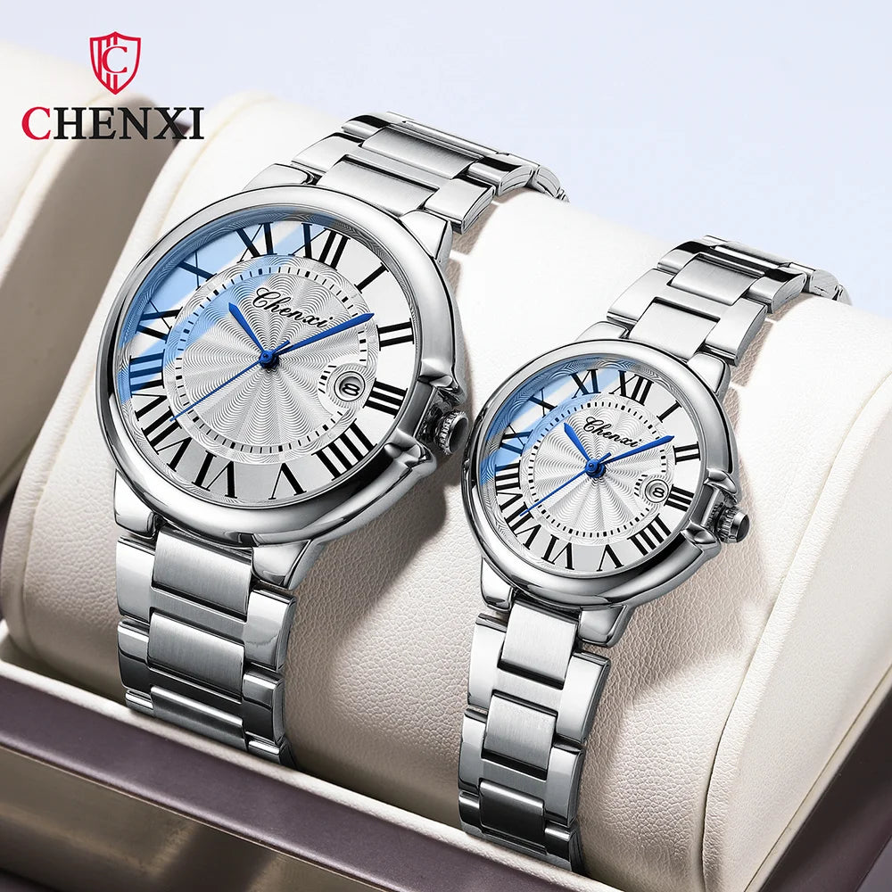 CHENXI 039 Couple Exquisite Watch Quartz Top Brand Luxury Fashion Stainless Steel Silver White Male and Female Couple Watch Gift