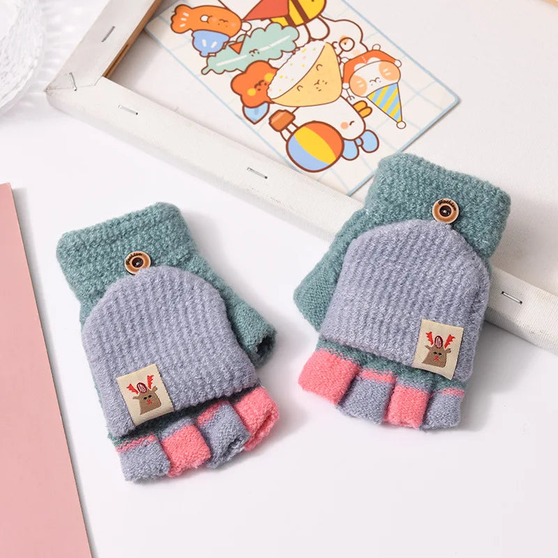 Children's Warm Gloves for Boys and Girls Cartoon Cute Half Finger Knitted Winter Flip Cover Baby Thick Cold Proof Five Fingers