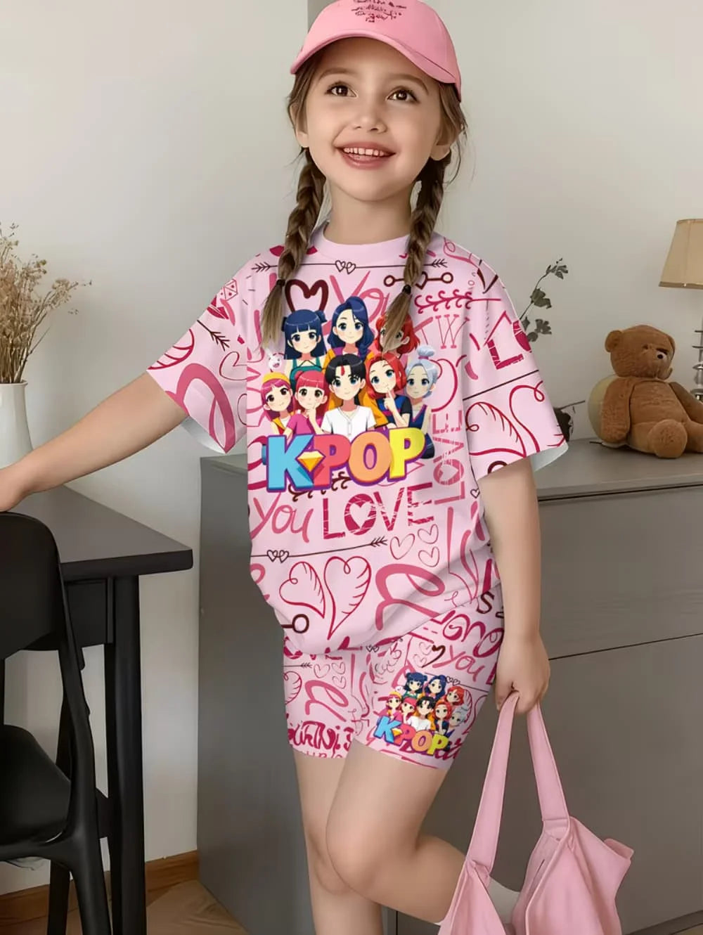 Kpop Cartoon Print Pajamas Sets Kids T-Shirts Funny Gift Harajuku Kids Short Summer Tops Short Sleeve Sets Children's Clothing