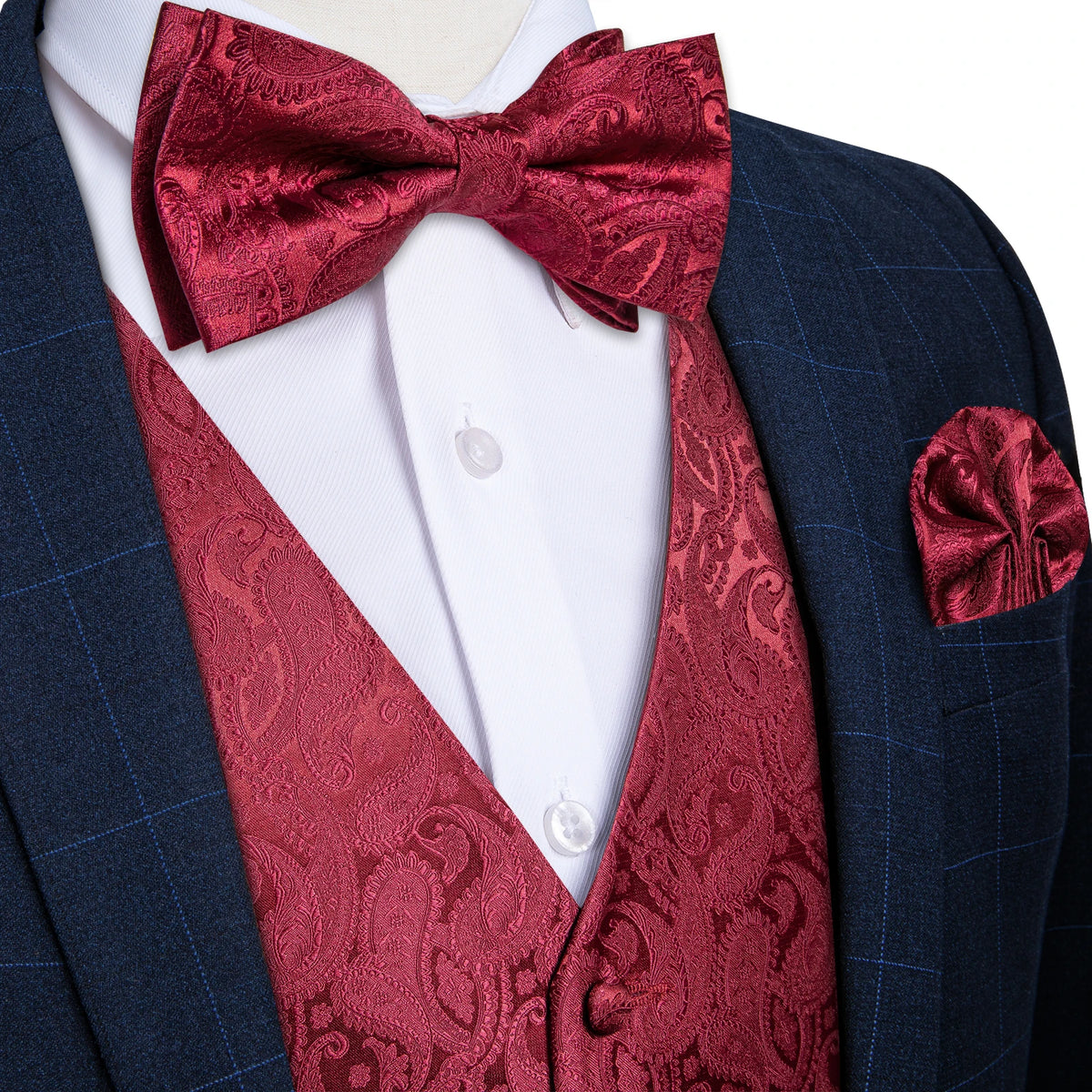 Wedding Classic Red Paisley Dress Vest for Man Fashion V-neck Luxury Men's Business Waistcoat Bowtie Pocket Square Cufflinks Set
